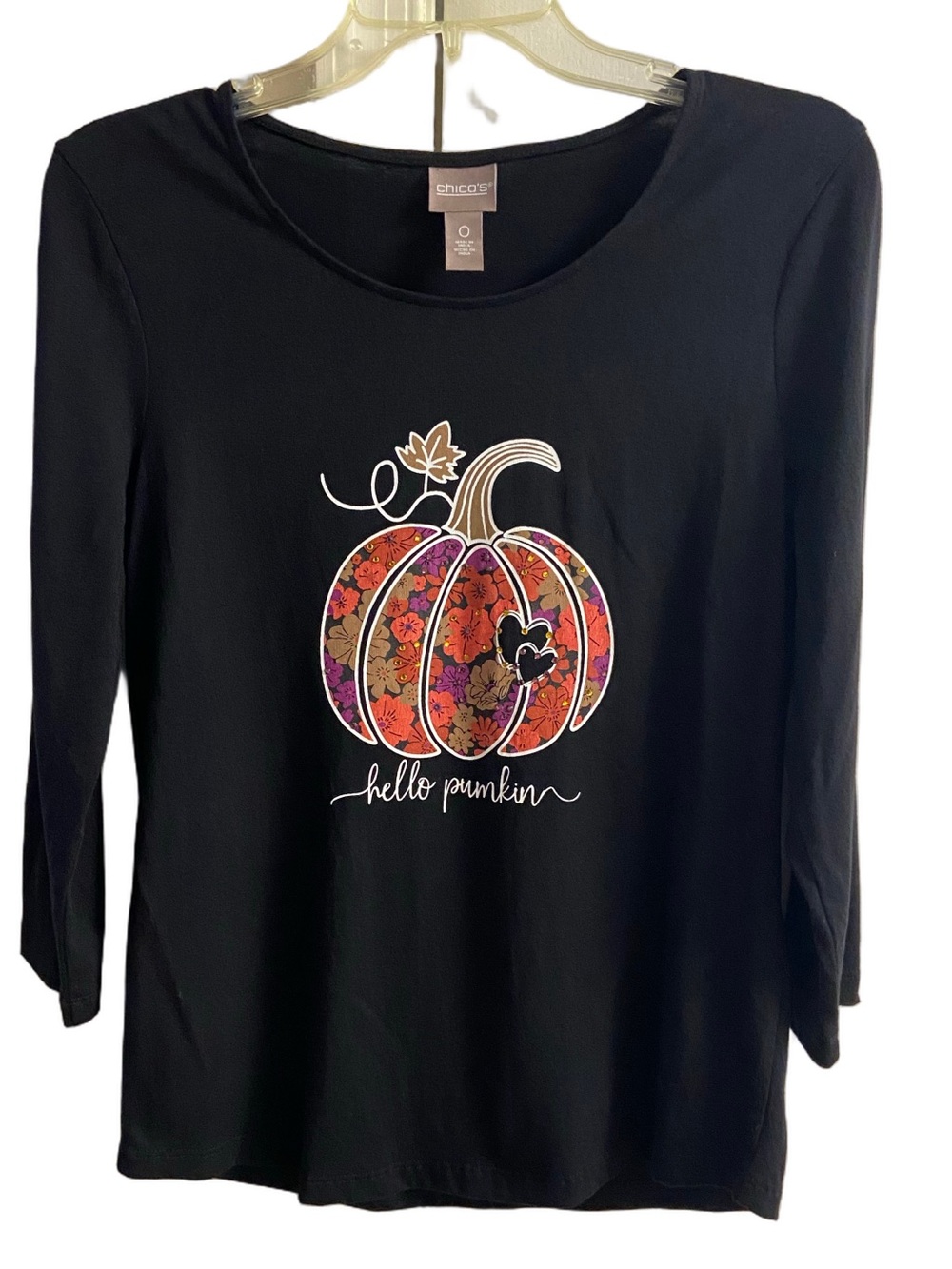 Chico's Black Floral Pumpkin Graphic Top Hello Pumpkin Long Sleeve Tee Small